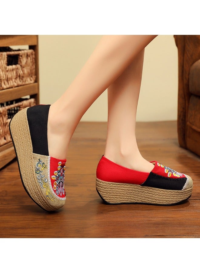 ZCM-HAPPY Peking Opera Mask Embroidered Canvas Sneakers - Women's Handmade Cotton Linen Slip-On Platform Shoes with Thick Sole 3.5 cm Height  - Image 2