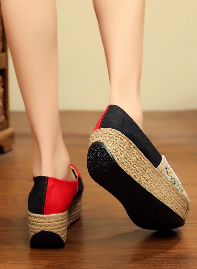 ZCM-HAPPY Peking Opera Mask Embroidered Canvas Sneakers - Women's Handmade Cotton Linen Slip-On Platform Shoes with Thick Sole 3.5 cm Height  - Image 3