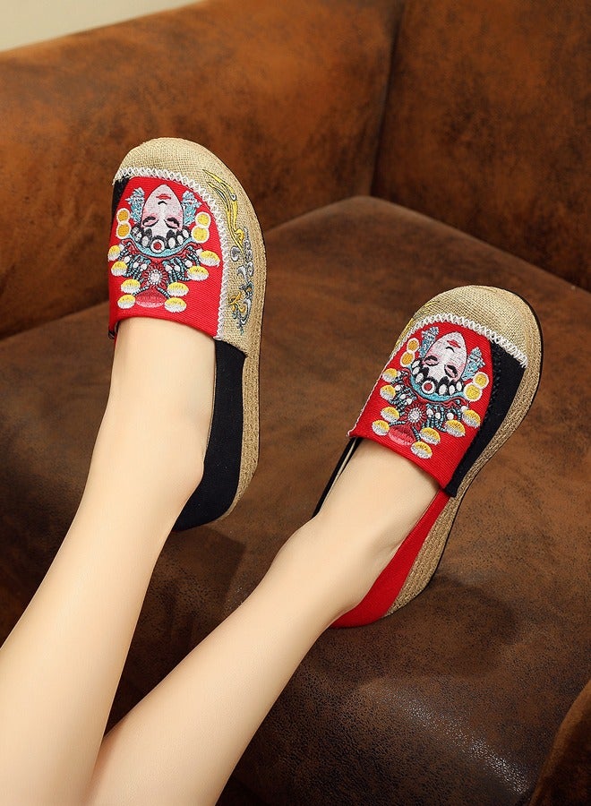 ZCM-HAPPY Peking Opera Mask Embroidered Canvas Sneakers - Women's Handmade Cotton Linen Slip-On Platform Shoes with Thick Sole 3.5 cm Height  - Image 4