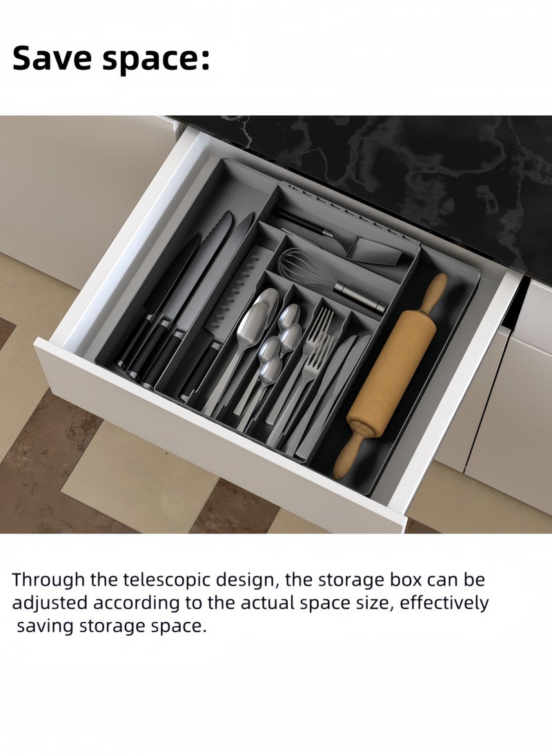 nihao Multi-functional Drawer Storage Box, Retractable Kitchen Utensils Set, Knife and Fork Storage Box, Simple Drawer Organizer, Suitable For Silver Storage, Open Access is Convenient,Black,14.7*13.1*2 INCH - Image 4