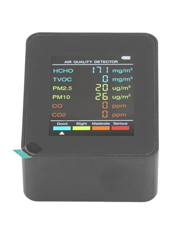 جهاز مراقبة جودة الهواء المحمول مع شاشة LCD مضيئة للكشف عن CO2 وTVOC وHCHO وPM2.5 وPM10 ونظام تنبيه داخلي (أسود) - Image 5