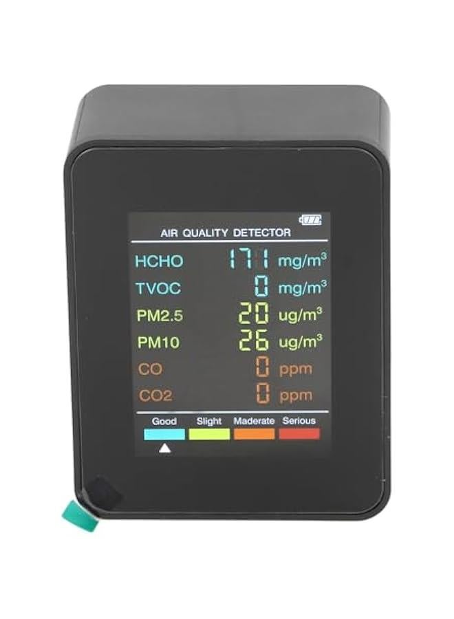 جهاز مراقبة جودة الهواء المحمول مع شاشة LCD مضيئة للكشف عن CO2 وTVOC وHCHO وPM2.5 وPM10 ونظام تنبيه داخلي (أسود) - Image 3