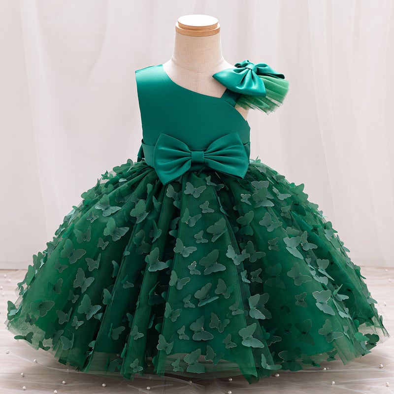 New girls solid color princess year-old bow puffy dinner performance dress year-old catch week dress wholesale Green