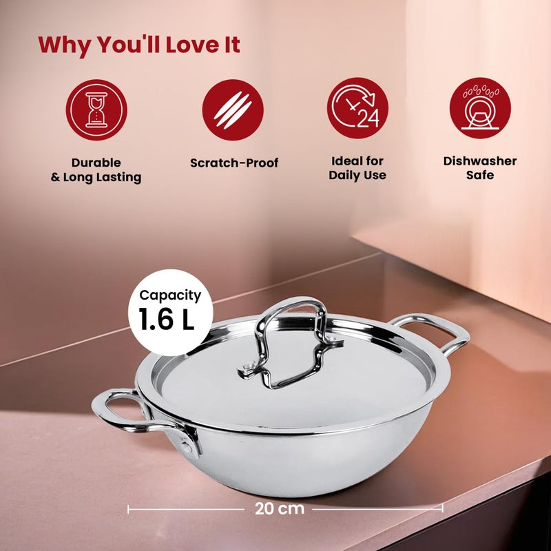 Kuber Industries Kuber Industries 1.6L Stainless Steel Triply Frying Pan | Kadai for Cooking with Handle & Lid | Deep Fry Cookware Wok for Kitchen | Gas & Induction Base Cooking Chinese Karahi | Silver  - Image 3