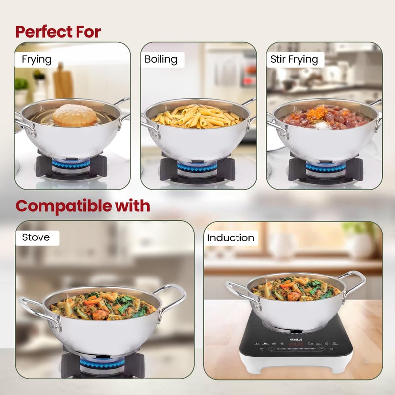 Kuber Industries Kuber Industries 1.6L Stainless Steel Triply Frying Pan | Kadai for Cooking with Handle & Lid | Deep Fry Cookware Wok for Kitchen | Gas & Induction Base Cooking Chinese Karahi | Silver  - Image 5