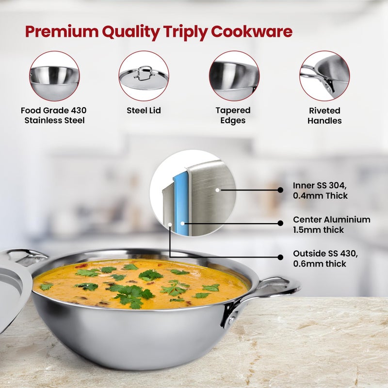 Kuber Industries Kuber Industries 1.6L Stainless Steel Triply Frying Pan | Kadai for Cooking with Handle & Lid | Deep Fry Cookware Wok for Kitchen | Gas & Induction Base Cooking Chinese Karahi | Silver  - Image 4
