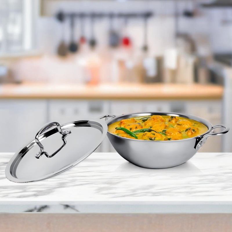 Kuber Industries Kuber Industries 1.6L Stainless Steel Triply Frying Pan | Kadai for Cooking with Handle & Lid | Deep Fry Cookware Wok for Kitchen | Gas & Induction Base Cooking Chinese Karahi | Silver  - Image 1