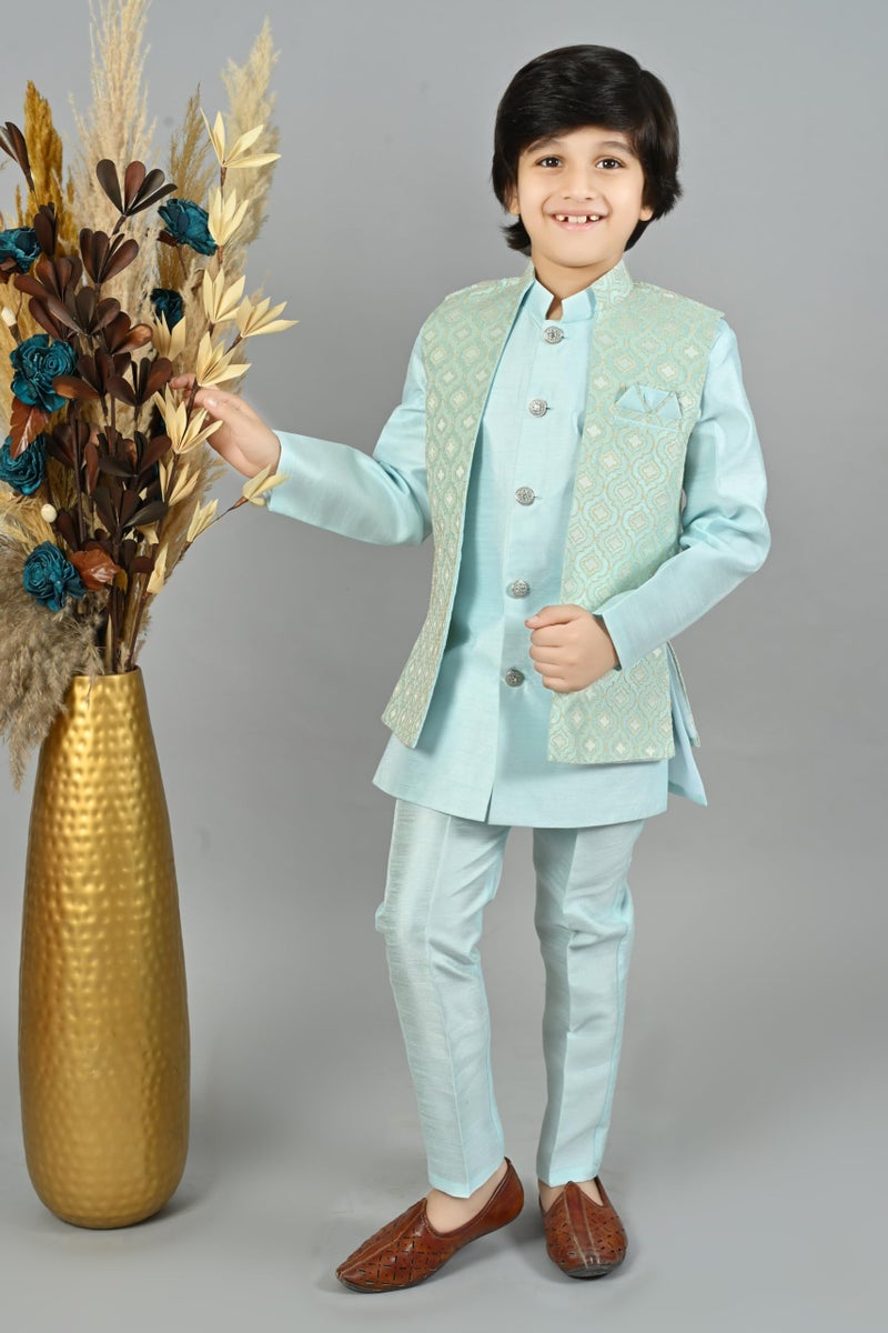 AHHAAAA Kids Indian Ethnic Velvet Waistcoat Silk Kurta Pyjama Set Bollywood Style Wedding Ethnic for Boys (Turquoise, 9-10 Years), Solid - Image 2