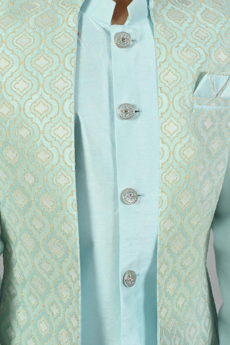 AHHAAAA Kids Indian Ethnic Velvet Waistcoat Silk Kurta Pyjama Set Bollywood Style Wedding Ethnic for Boys (Turquoise, 9-10 Years), Solid - Image 5