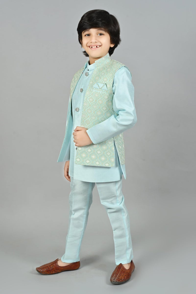 AHHAAAA Kids Indian Ethnic Velvet Waistcoat Silk Kurta Pyjama Set Bollywood Style Wedding Ethnic for Boys (Turquoise, 9-10 Years), Solid - Image 4