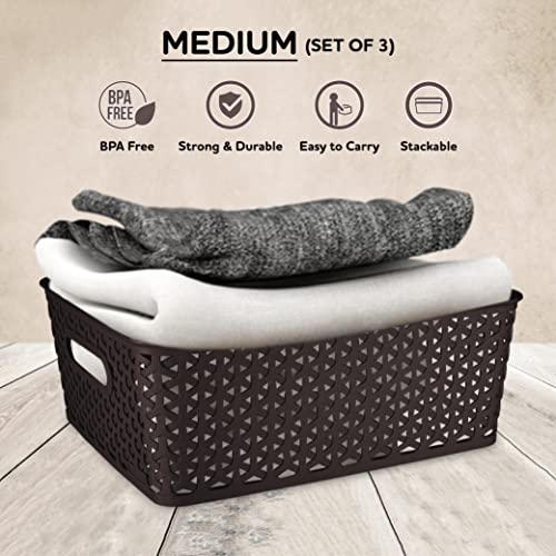 Bel Casa Royal Basket Medium (Pack of 3 With lids) Multipurpose Plastic Storage Rectangular Baskets For Cloths Toys Wardrobe Home Kitchen & Livingroom I DARK BROWN - Image 3