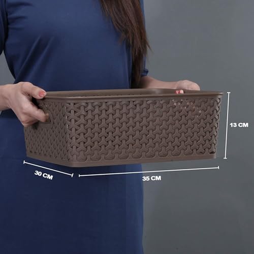 Bel Casa Royal Basket Medium (Pack of 3 With lids) Multipurpose Plastic Storage Rectangular Baskets For Cloths Toys Wardrobe Home Kitchen & Livingroom I DARK BROWN - Image 2