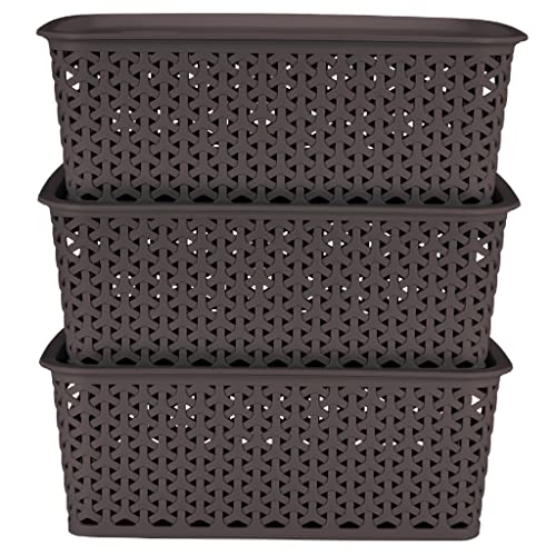 Bel Casa Royal Basket Medium (Pack of 3 With lids) Multipurpose Plastic Storage Rectangular Baskets For Cloths Toys Wardrobe Home Kitchen & Livingroom I DARK BROWN - Image 1