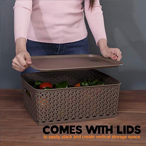 Bel Casa Royal Basket Medium (Pack of 3 With lids) Multipurpose Plastic Storage Rectangular Baskets For Cloths Toys Wardrobe Home Kitchen & Livingroom I DARK BROWN - Image 5