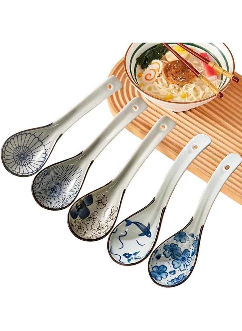 SYOSI Asian Soup Spoons, Ceramic Chinese Spoons, Non-slip Japanese Soup Spoons for Rice, Ramen, Wonton, Noodle, Dining, Kitche, Luck and Prosperity Gifts for Friends, Family, Deep Oval (5pcs) - Image 1