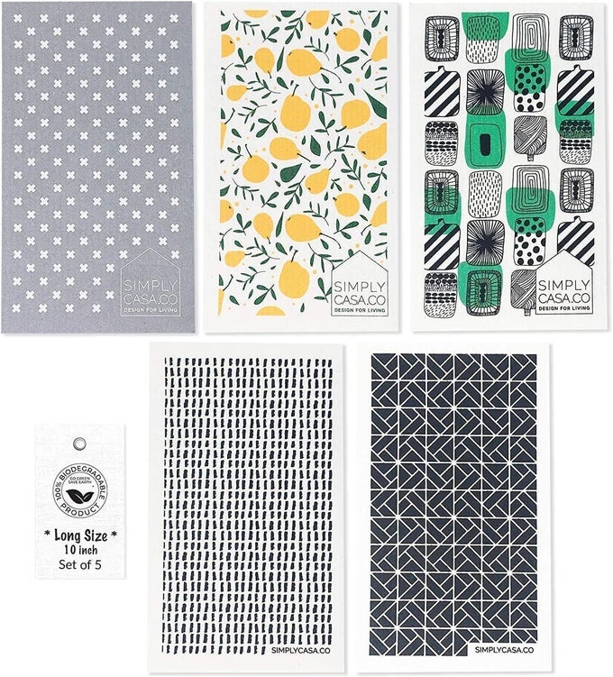 LONG 5 PACK REUSABLE SWEDISH DISHCLOTH MADE IN SWEDEN CELLULOSE SPONGE DISH CLOTHS FOR WASHING DISHES PLASTICFREE PACKAGING