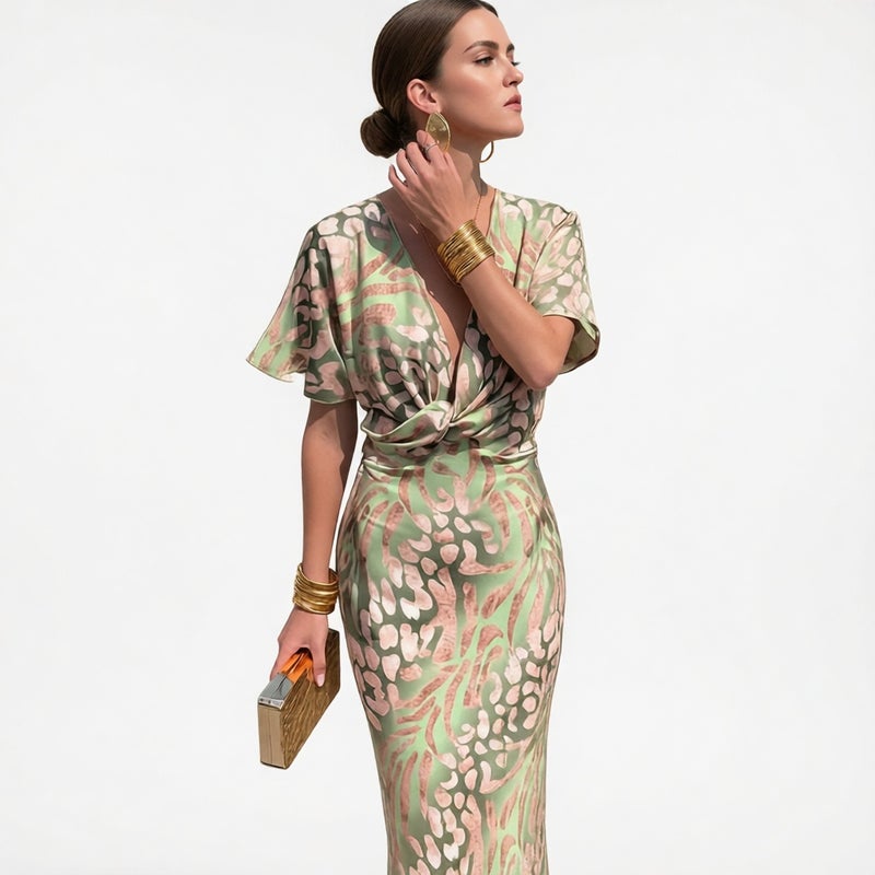 Women's V-Neck High-Waist Printed Twist Dress - Image 4