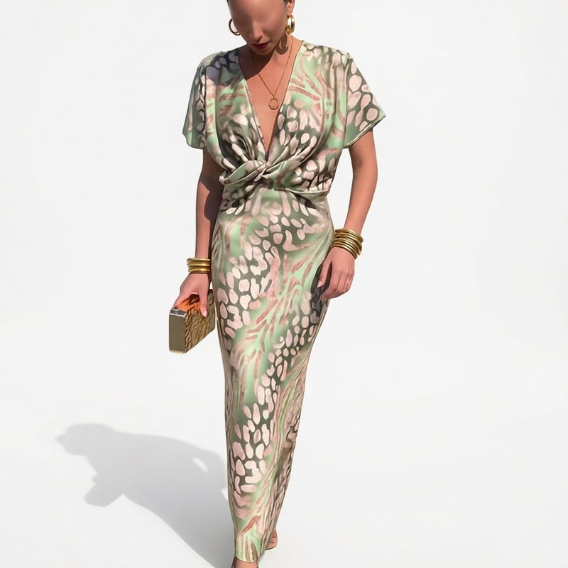 Women's V-Neck High-Waist Printed Twist Dress - Image 3
