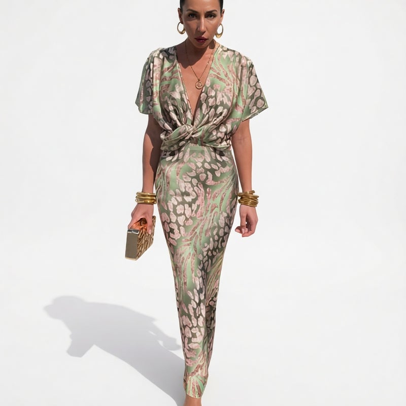 Women's V-Neck High-Waist Printed Twist Dress - Image 2