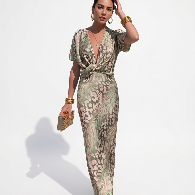 Women's V-Neck High-Waist Printed Twist Dress - Image 1
