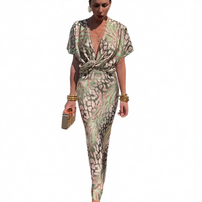 Women's V-Neck High-Waist Printed Twist Dress - Image 5