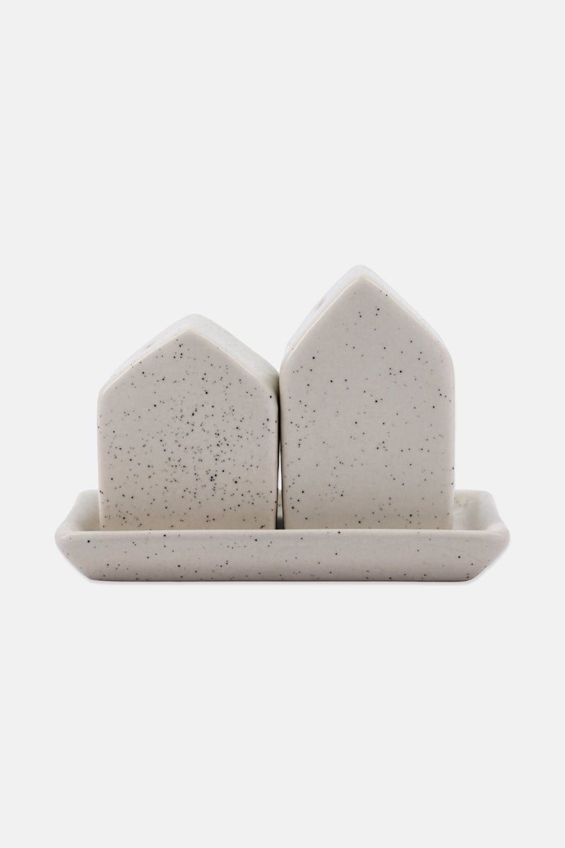 Muy Mucho Stoneware 3 Pcs Salt And Pepper Container With Tray, Cream - Image 1