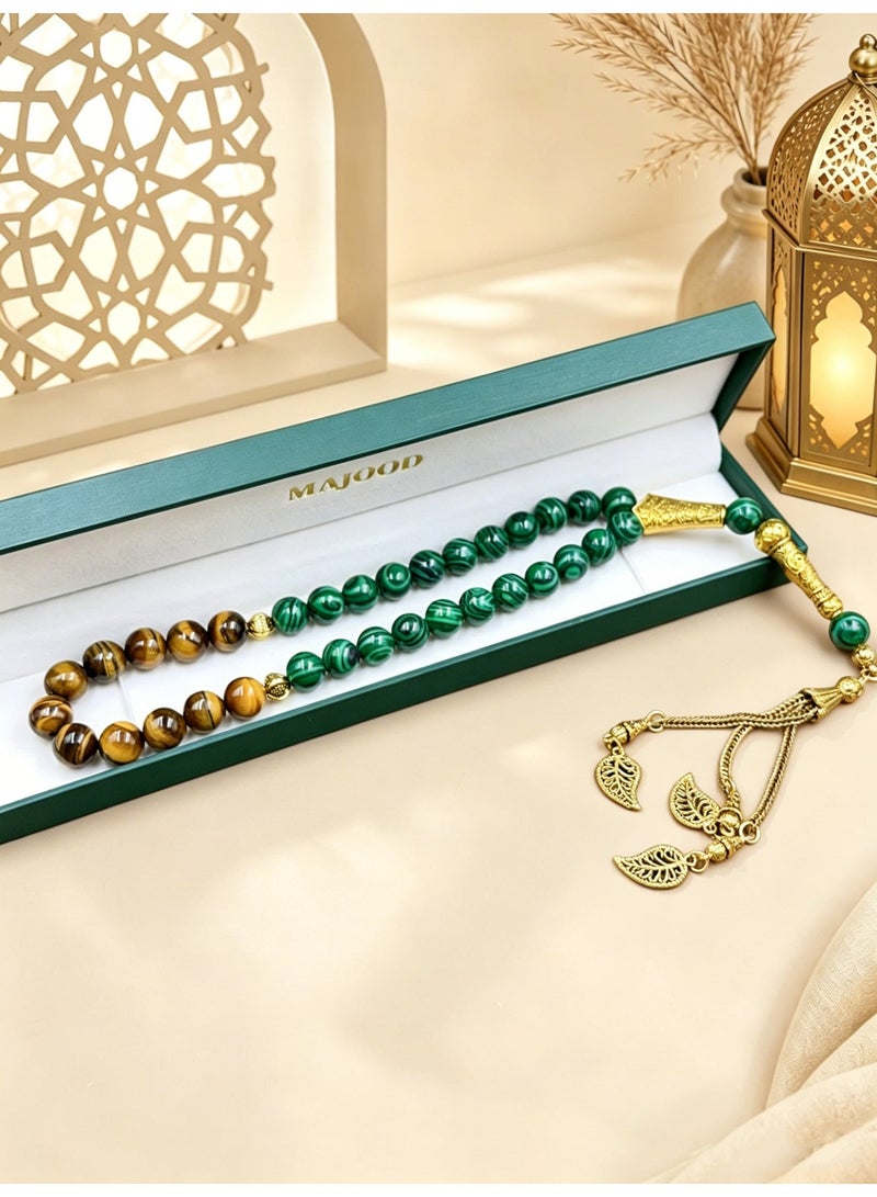 MAJOOD 33 Natural Tiger Eye Stones And Malachite Prayer Beads/Tasbih/10MM/Muslim Prayer Beads Handmade/For Men And Women/Gift Box Set Suitable for Ramadan Gifts - Image 4