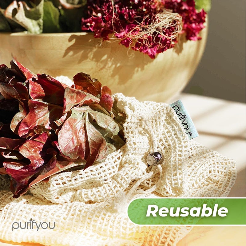 purifyou Set of 9 Premium Organic Cotton Produce Bags  Reusable Mesh Storage Bags for Vegetables  Fruits  Snacks  and Groceries  Raw & Unbleached (2 Extra Large  5 Large  2 Small Bags) - Image 5