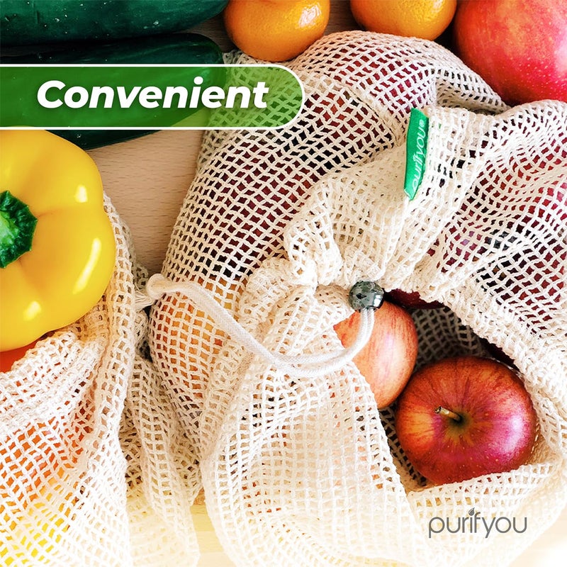 purifyou Set of 9 Premium Organic Cotton Produce Bags  Reusable Mesh Storage Bags for Vegetables  Fruits  Snacks  and Groceries  Raw & Unbleached (2 Extra Large  5 Large  2 Small Bags) - Image 4