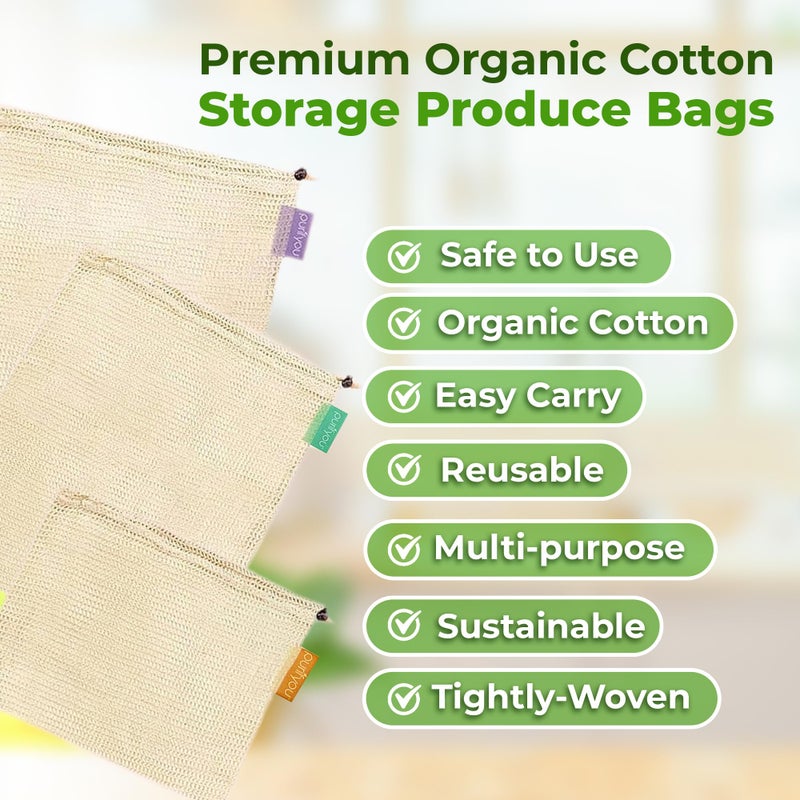 purifyou Set of 9 Premium Organic Cotton Produce Bags  Reusable Mesh Storage Bags for Vegetables  Fruits  Snacks  and Groceries  Raw & Unbleached (2 Extra Large  5 Large  2 Small Bags) - Image 3