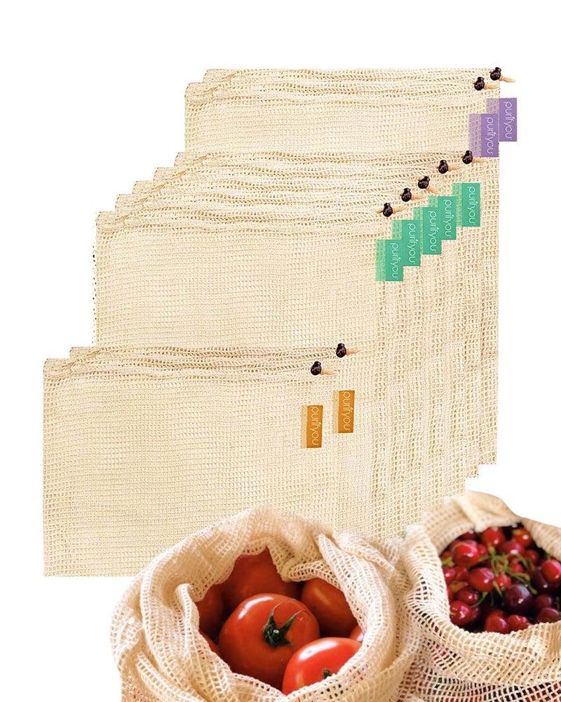 purifyou Set of 9 Premium Organic Cotton Produce Bags  Reusable Mesh Storage Bags for Vegetables  Fruits  Snacks  and Groceries  Raw & Unbleached (2 Extra Large  5 Large  2 Small Bags) - Image 1