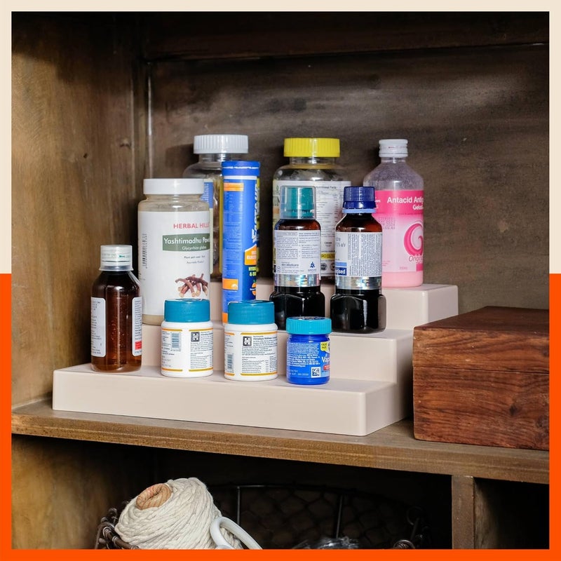 Bathla Plastic Shelf Organizer - (Set of 2) Multi-Purpose Display Cabinet for Kitchen, Home & Office | 3 Wide Steps | Spice Rack Stand | Make Up & Cosmetic Organiser | Smoke & Skin - Image 4