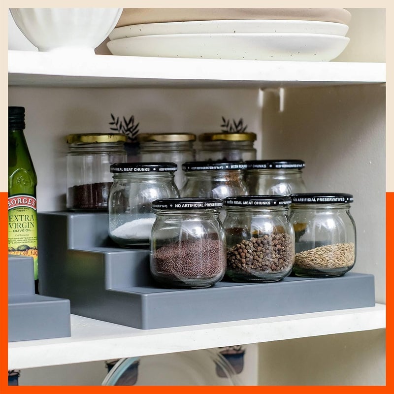 Bathla Plastic Shelf Organizer - (Set of 2) Multi-Purpose Display Cabinet for Kitchen, Home & Office | 3 Wide Steps | Spice Rack Stand | Make Up & Cosmetic Organiser | Smoke & Skin - Image 2