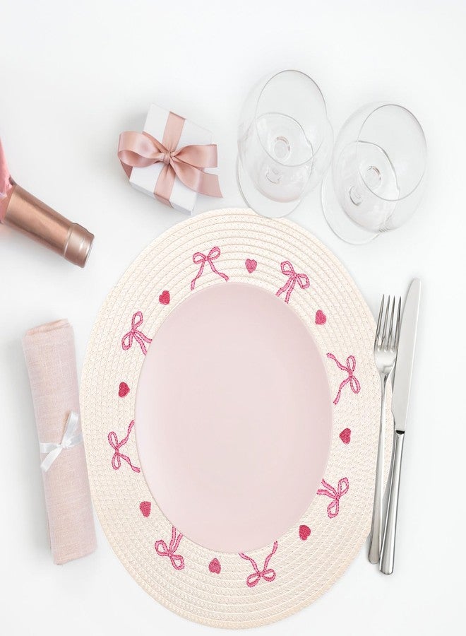 Whaline 4Pcs Round Placemats White Pink Bow Embroidered Place Mats Coquette Bowknot Heart Dinner Table Mats for Home Wedding Baby Shower Birthday Party Decor - Image 4