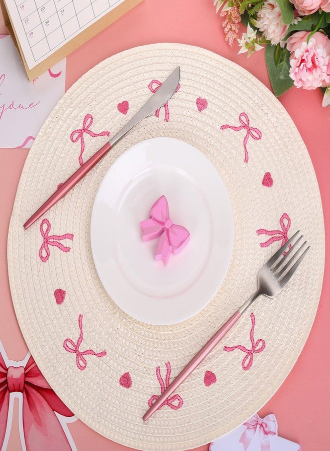 Whaline 4Pcs Round Placemats White Pink Bow Embroidered Place Mats Coquette Bowknot Heart Dinner Table Mats for Home Wedding Baby Shower Birthday Party Decor - Image 3