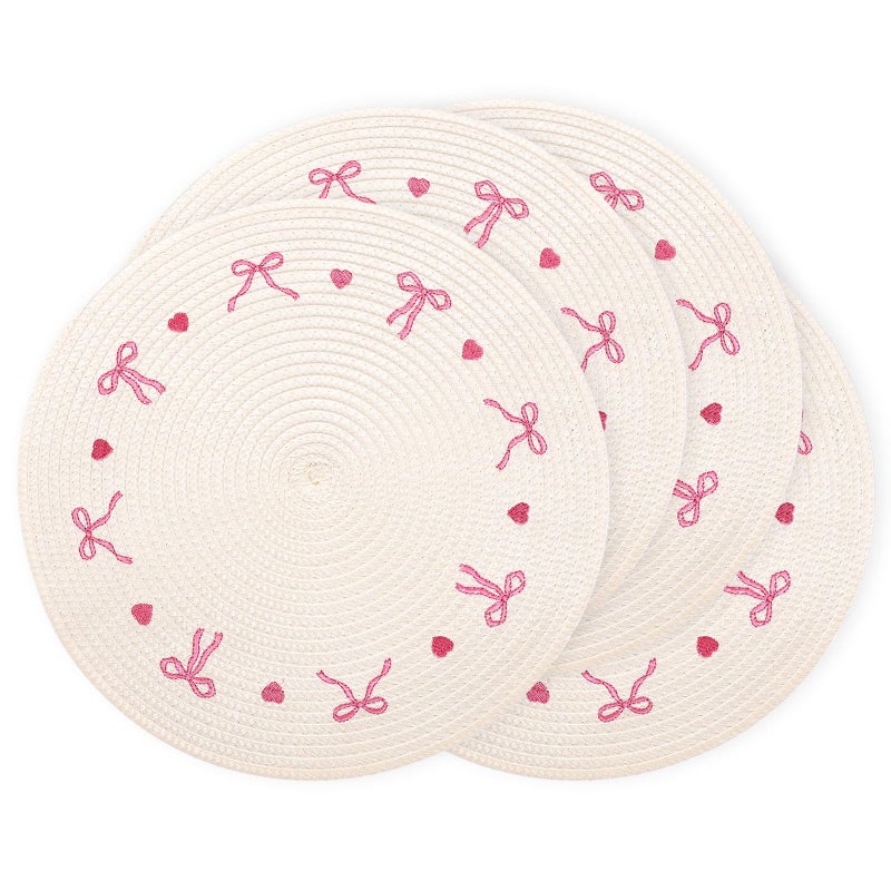 Whaline 4Pcs Round Placemats White Pink Bow Embroidered Place Mats Coquette Bowknot Heart Dinner Table Mats for Home Wedding Baby Shower Birthday Party Decor - Image 1