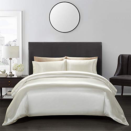 AiMay 3 Piece Satin Duvet Cover Set Bedding Sets Queen Off White 1800 Series Luxury Rich Silk Silky Super Soft Solid Color Reversible Honeymoon Wrinkle Free (Queen, Off White) - Image 1