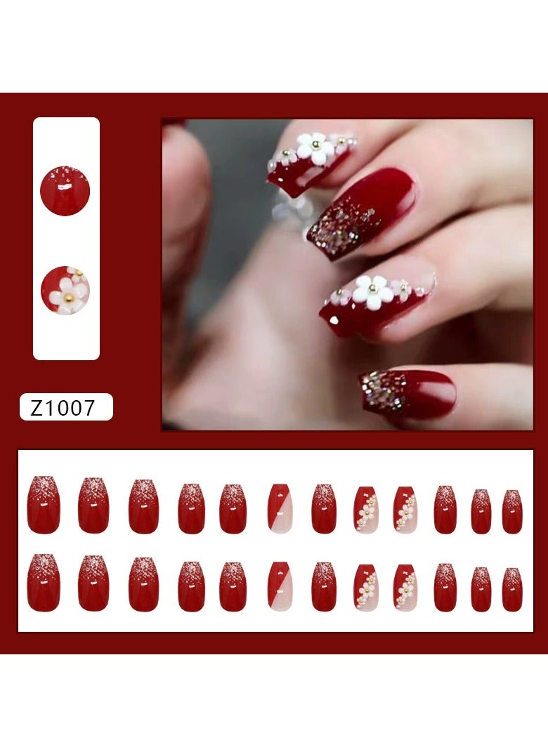 Goolsky Burgundy Floral French Ballerina Press On Nails with Gold Beads Glitter Medium Long Removable 24PCS Ins Style  - Image 1