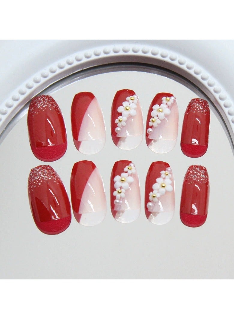 Goolsky Burgundy Floral French Ballerina Press On Nails with Gold Beads Glitter Medium Long Removable 24PCS Ins Style  - Image 2