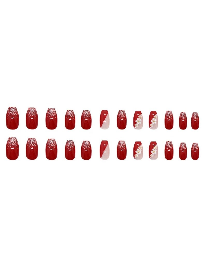 Goolsky Burgundy Floral French Ballerina Press On Nails with Gold Beads Glitter Medium Long Removable 24PCS Ins Style  - Image 3