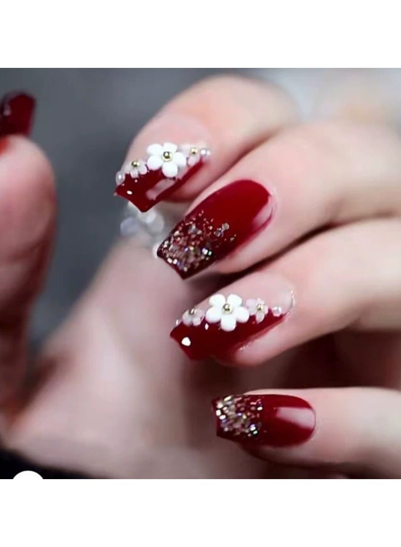 Goolsky Burgundy Floral French Ballerina Press On Nails with Gold Beads Glitter Medium Long Removable 24PCS Ins Style  - Image 4