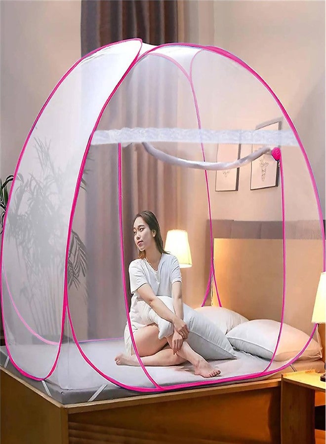 CLONEZO Mosquito Net for Double Bed | King Size with a Mobile Pocket | Foldable Machardani | Polyester 30GSM Strong Net | PVC Coated Corrosion Resistant Steel Wire (Pink, 200 X 200 X 148 Cm) - Image 1