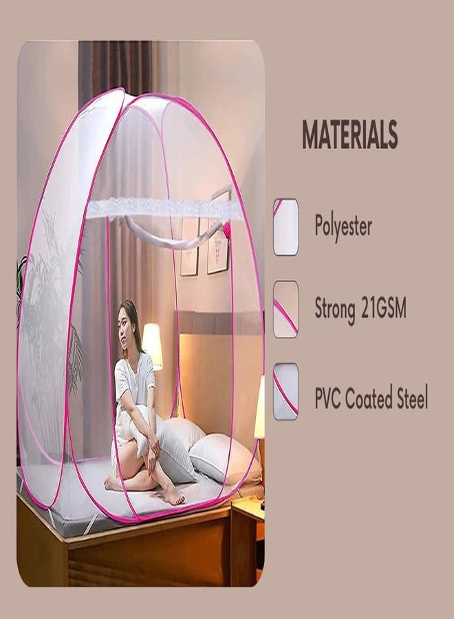 CLONEZO Mosquito Net for Double Bed | King Size with a Mobile Pocket | Foldable Machardani | Polyester 30GSM Strong Net | PVC Coated Corrosion Resistant Steel Wire (Pink, 200 X 200 X 148 Cm) - Image 4