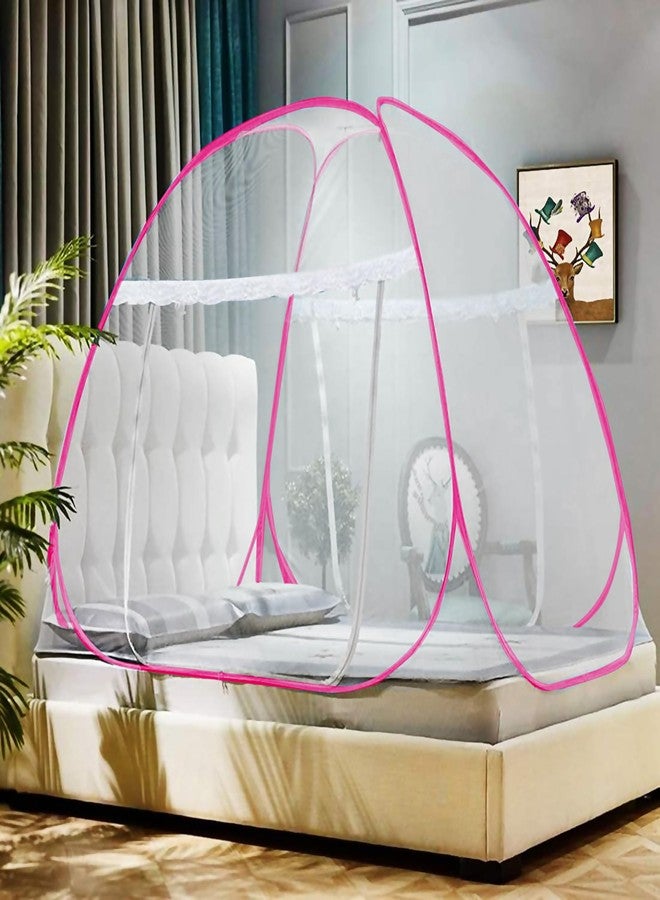 CLONEZO Mosquito Net for Double Bed | King Size with a Mobile Pocket | Foldable Machardani | Polyester 30GSM Strong Net | PVC Coated Corrosion Resistant Steel Wire (Pink, 200 X 200 X 148 Cm) - Image 2