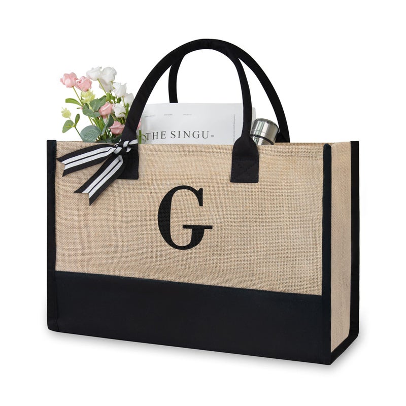 TOPDesign Initial JuteCanvas Tote Bag Personalized Present Bag Suitable for Wedding Birthday Beach Holiday is a Great Gift for Women Mom Teachers Friends Bridesmaids Letter G