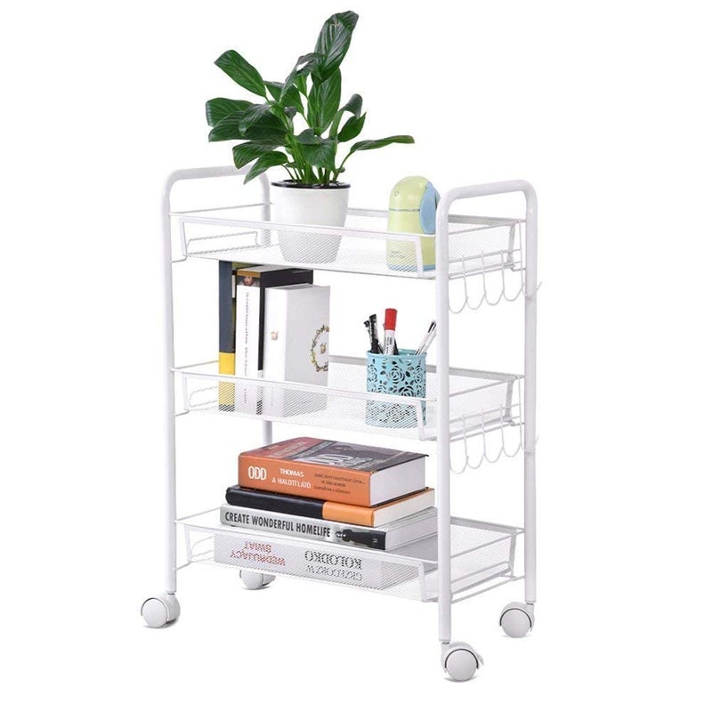 Generic Indian Decor 45THREE Tier Carbon Steel Storage TrolleyServing TrolleyStorage RackStorage UnitUtility Carts with 2 Hooks for KitchenBathroomLiving RoomOfficeWhite  - Image 5