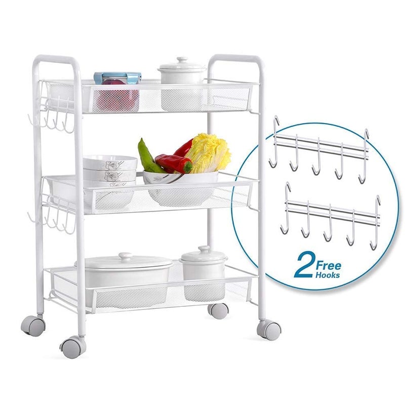 Generic Indian Decor 45THREE Tier Carbon Steel Storage TrolleyServing TrolleyStorage RackStorage UnitUtility Carts with 2 Hooks for KitchenBathroomLiving RoomOfficeWhite  - Image 2