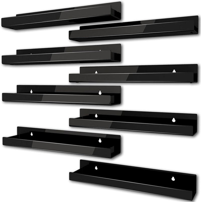 RORKIM 8 Pack 15 Inch Black Acrylic Shelves, Black Kids Floating Bookshelf for Kids Room, Modern Nail Polish Rack Sunglasses Essential Oil Picture Ledge Display Toy Storage Wall Shelf - Image 1