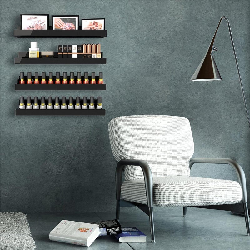 RORKIM 8 Pack 15 Inch Black Acrylic Shelves, Black Kids Floating Bookshelf for Kids Room, Modern Nail Polish Rack Sunglasses Essential Oil Picture Ledge Display Toy Storage Wall Shelf - Image 4