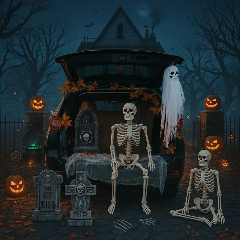 Jetec Halloween Tombstone Trunk or Treat Car Decoration Kit Cemetery Style Skeleton Spider Web Graveyard SUV Decorations for Halloween Car Outdoor Garage Door Entryway Archway Haunted House Decor - Image 1